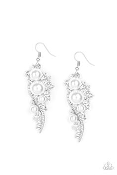 Bubbly white pearls dot a glistening silver frame interwoven with ribbons of glittery white rhinestones, creating an elegant lure. Earring attaches to a standard fishhook fitting.

Sold as one pair of earrings. Paparazzi Accessories Jewelry, Pink Jewels, Fish Hook Earrings, Paparazzi Accessories, White Rhinestone, Paparazzi Jewelry, White Earrings, Rhinestone Earrings, Gorgeous Earrings