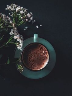 a cup of hot chocolate next to some flowers on a black background with space for text