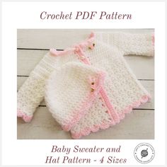 a crochet pattern for a baby sweater and hat with pink trimmings