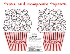 an image of two popcorns with numbers on them and the words prime and compositee popcorn