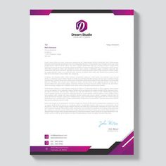 a letterhead with purple and black accents