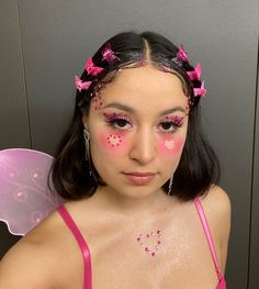 Hot Pink Costume Ideas, Heart Rhinestone Makeup, Fairy Hairstyles Halloween, Pink Fairy Halloween, Fairy Makeup Easy, Y2k Butterfly Clips, Fairy Makeup Pink, Butterfly Makeup Easy, Pink Butterfly Makeup