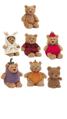 six teddy bears in different outfits sitting next to each other