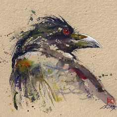 a watercolor painting of a bird with red eyes