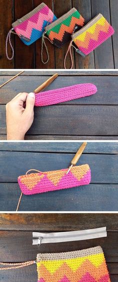 crocheted pencil case made with yarn and knitting needles is shown in three different ways