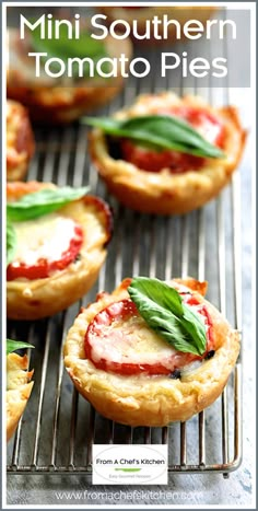 mini southern tomato pies on a cooling rack with text overlay that reads mini southern tomato pies