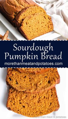 two slices of pumpkin bread on plates with the title text reads sourdough pumpkin bread