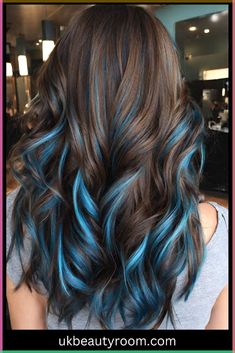 Brown And Blue Hair Ombre, Brown Hair With Blonde And Blue Highlights, Light Brown Hair With Colorful Highlights, Brunette Hair With Colored Highlights, Dyed Highlights Color, Fun Hair Color Ideas For Brunettes Blue, Light Brown Hair Blue Highlights, Summer Hair Dye Ideas For Brunettes, Brown Hair With Blue Money Piece