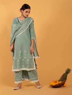 Harita Khari - Teal Cotton Hand Printed Straight Kurta Set (Set of 3) By Maison Shefali now available at Trendroots Festive Cotton Palazzo Set With Sheer Dupatta, Cotton Sharara With Sheer Dupatta For Festivals, Cotton Sharara With Sheer Dupatta For Eid, Cotton Sets With Sheer Dupatta For Navratri, Straight Kurta Palazzo Set With Sheer Dupatta In Mulmul, Mulmul Palazzo Set With Sheer Dupatta And Straight Kurta, Green Cotton Sharara With Sheer Dupatta, Mulmul Palazzo Set With Sheer Dupatta, Palazzo Set With Sheer Dupatta And Straight Kurta