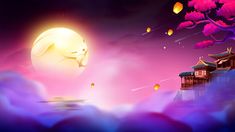 an animated scene with lanterns floating in the sky and a house on top of a hill