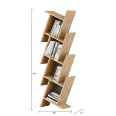 a wooden book shelf with four sections and three shelves on each side, showing the width