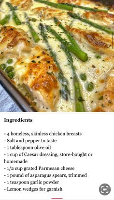 the recipe for asparagus, chicken breast and cheese casserole is shown