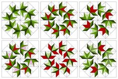 four different types of origami tiles with red, green and white leaves on them