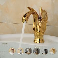 the faucet is gold in color and features different designs