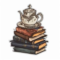 a stack of books with a tea pot on top