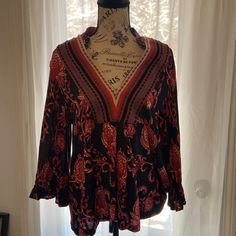 Never Worn, Tags Included. Beautiful Print With Detail On V Neck. 3/4 Sleeve W Ruffles Red Floral Print Blouse With 3/4 Sleeves, Bohemian Black Top With 3/4 Sleeves, Black Rayon Blouse For Fall, Red Blouse With Floral Print And 3/4 Sleeve, Black Bohemian Blouse With 3/4 Sleeves, Fall Red Rayon Blouse, Short Sleeve Kimono, Tie Sleeve Blouse, Multi Color Blouse