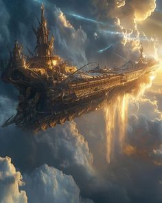 an image of a ship floating in the sky with clouds around it and lights on