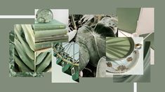 a collage of green and white items including books, vases and other things