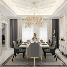 a dining room with a chandelier hanging from the ceiling and chairs around it