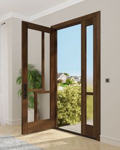 an open wooden door in a white room