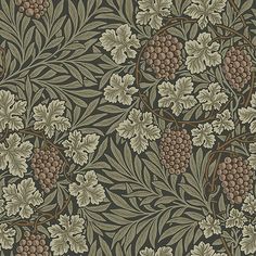 Vine Dark Green Woodland Fruits Wallpaper Fruits Wallpaper, Morris Pattern, Balloon Valance, Black And Blue Wallpaper, William Morris Patterns, A Street Prints, Back Wallpaper, Willow Leaf, Elegant Interior Design