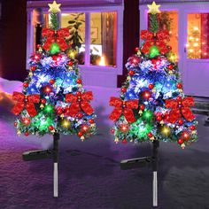 two decorated christmas trees in front of a house