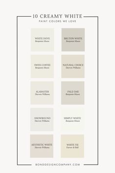 the top ten creamy white paint colors in each color, with text overlaying them