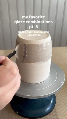 a person is painting the bottom of a cup on a table with text overlay that reads, my favorite glaze combinations pt 8