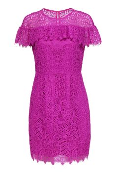 Current Boutique-Trina Turk - Purple Lace Cap Sleeve Dress Sz 6 Purple Lace Mini Dress For Party, Summer Cocktail Lace Dress With Lace Sleeves, Elegant Purple Dress With Lace Work, Feminine Purple Lace Dress, Spring Purple Lace Party Dress, Elegant Purple Lace Mini Dress, Fitted Purple Lace Dress, Purple Fitted Lace Dress, Fitted Purple Dress With Lace Trim