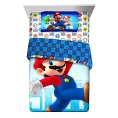 mario bros bedding set with blue checkered sheets