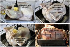 four pictures showing how to roast a whole chicken