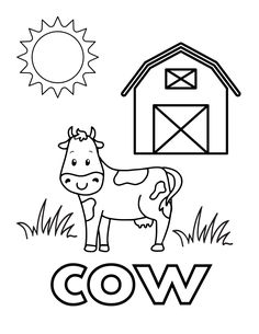 a cow standing in front of a barn with the word cow on it's side