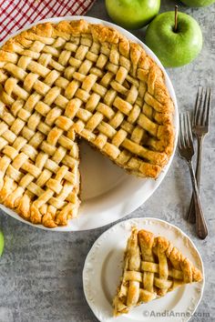 an apple pie with one slice cut out