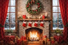 a christmas fireplace with presents and stockings on it