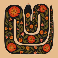 an intricately decorated wall hanging with flowers and leaves in the shape of a letter u