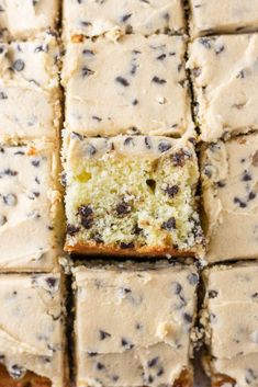 a close up of sliced cake with chocolate chip toppings on the top and bottom