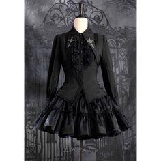 A gothic blouse that looks like an aristocratic lady from medieval Europe. Her collar has a cross sword embroidered on it, the back is laced, and the chest is decorated with a statement frill. She is a mysterious young lady with a gorgeous aura. 
 
 

 

 
 
 
 Size 
 
 XS size 
 
 Length: 63cm 
 Bust: 84cm 
 Waist: 72cm 
 Sleeve length: 62cm 
 
 S size 
 
 Length: 64cm 
 Bust: 88cm 
 Waist: 76cm 
 Sleeve length: 62cm 
 
 M size 
 
 Length: 65cm 
 Bust: 92cm 
 Waist: 80cm 
 Sleeve length: 62.5cm Gothic Long Sleeve Victorian Dress For Halloween, Gothic Long Sleeve Tops For Costume Party, Gothic Victorian Long Sleeve Dress For Costume Party, Gothic Corset For Costume Party In Fall, Gothic Victorian Dress For Costume Party, Black Gothic Blouse For Formal Occasions, Long Sleeve Gothic Blouse For Formal Occasions, Formal Gothic Long Sleeve Blouse, Gothic Long Sleeve Corset