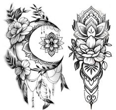 two tattoos with flowers and crescents on them