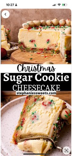 Holiday Dessert Christmas, Mini Sugar Cookie Cheesecake Cups, Sugar Cookie Dough Cheesecake, Cookie Bottom Cheesecake, Thanksgiving Recipes Dessert Cheesecake, Holiday Baked Goods Recipes, Christmas Cute Desserts, Sugar Cookie Cheesecake Cups, Thanksgiving Cheesecake Ideas