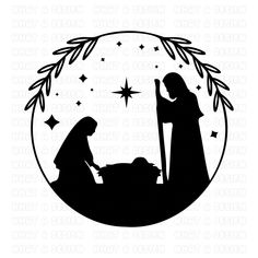 a nativity scene with the birth of jesus and mary in black on a white background