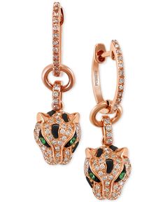 Round-shape diamond (3/8 ct. t.w.) encrusted panthers have sleek tsavorite accent eyes in these fierce panther drop earrings designed by Effy in 14k rose gold. Approximate drop: 2/3". Diamond Earing Designs Unique, Animal Jewelry Design, Panther Earrings, 14k Rose Gold Jewelry, Simple Diamonds, Diamond Jewelry Designs, Effy Jewelry, Gold Earrings Designs, Hip Hop Jewelry