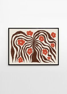 an abstract painting with red flowers and brown lines in the center on a white wall