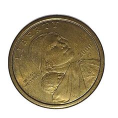 a gold coin with an image of a woman holding a child on her lapel