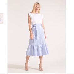 Veronica Beard Capri Dress New With Tags Fitted Midi Dress With Ruffles, Casual Midi Dress For Brunch, Chic Midi Dress With Ruffles, Spring Midi Skirt Dress For Day Out, Spring Midi Dress For Day Out, Spring Day Out Midi Dress, Casual Midi Daywear Dresses, Blue Midi Summer Dress, Fitted Blue Midi Dress