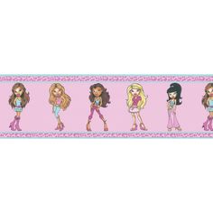 a pink wallpaper with barbie dolls on it's borders and the names of each character