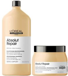 Shampoo Absolut RepaiR ReparadoR Gold Quinoa + ProteiN 1500ML Serie Expert Boosted with Protein + Golden Quinoa, the professional formula of Instant Resurfacing Shampoo immediately cleanses and restructures damaged hair, without weighing it down and with a light touch.   APPLICATION Apply to wet hair and scalp. Carry out a gentle massage until creating a lather. Rinse thoroughly.   TECHNOLOGY: GOLD QUINOA + PROTEIN Protein + Golden Quinoa: the professional formula of Instant Resurfacing Shampoo, Hair Thickening Remedies, Quinoa Protein, Hair Thickening, Light Touch, Damaged Hair Repair, Hair Repair, Shiny Hair, Wet Hair, Damaged Hair