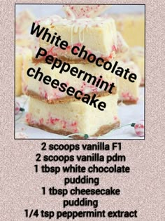 the recipe for white chocolate peppermint cheesecake is shown in pink and white