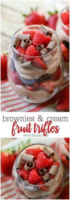 brownies and cream fruit trifles in small glass dishes with strawberries on top