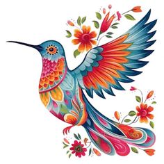 a colorful bird with flowers on it's wings is flying through the air,