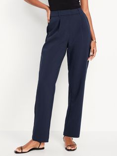 Extra High-Waisted Taylor Trouser Straight Pants | Old Navy Classic Full-length Navy Pants, Navy High-waist Pants With Pockets, Navy Mid-rise Pants With Pockets, Blue Straight-leg Elastane Dress Pants, Navy Stretch Ankle-length Pants, Trouser Suits, Straight Pants, Petite Size, Old Navy